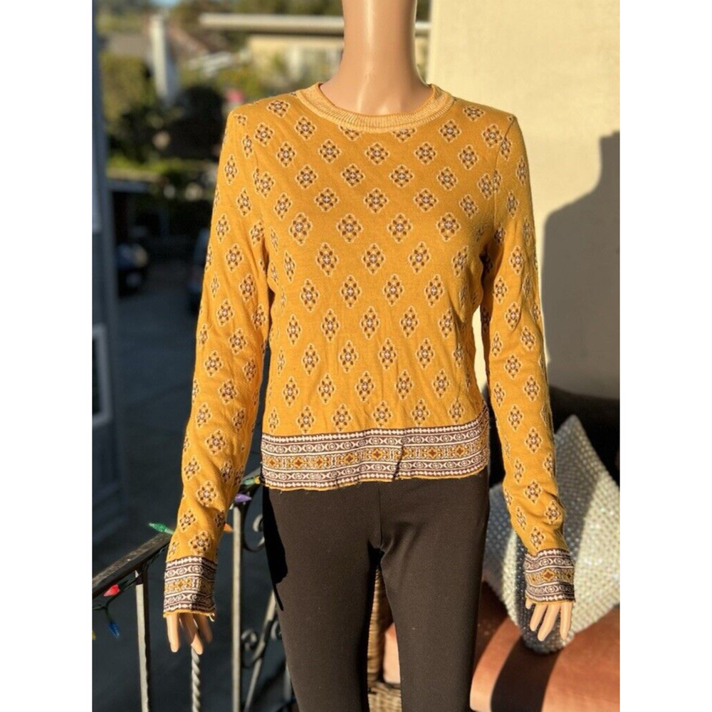 FREE PEOPLE Yellow New Age Print Cotton Crew Neck Long Bell Sleeve Knit Shirt S